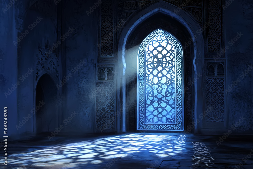 Ornate Window Arabesque Pattern in Blue Hues Creates Atmospheric Lighting Ornate Window Arabesque Pattern in Blue Hues Creates Atmospheric Lighting