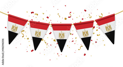 A festive display of Egyptian flag buntings adorned with red, white, and black triangular flags, perfect for a national celebration.