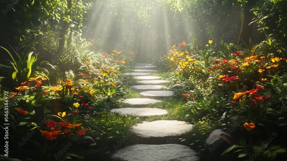 Fototapeta premium Stone path through flowers, illuminated by sunlight streaming through trees in a forest