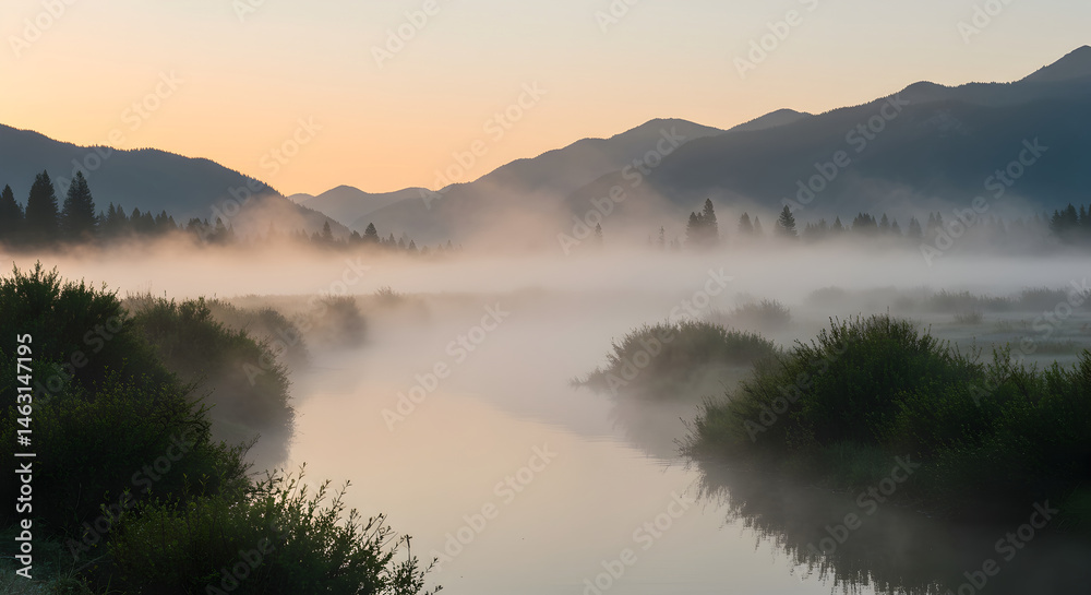 Fototapeta premium Tranquil Morning Haze Drifting Over Reflective River In Mountain Valley