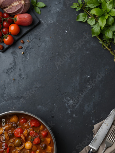 Vegetable stew, saute or caponata. Stewed eggplant with paprika, tomatoes, herbs and spices. Black kitchen table background, top view, copy space
