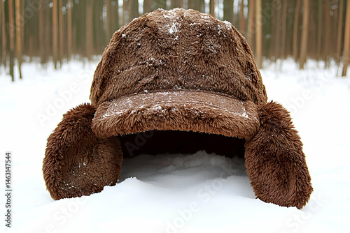 A brown furry trapper hat sits in the snow, partially buried, against a blurred background of a snowy winter forest.