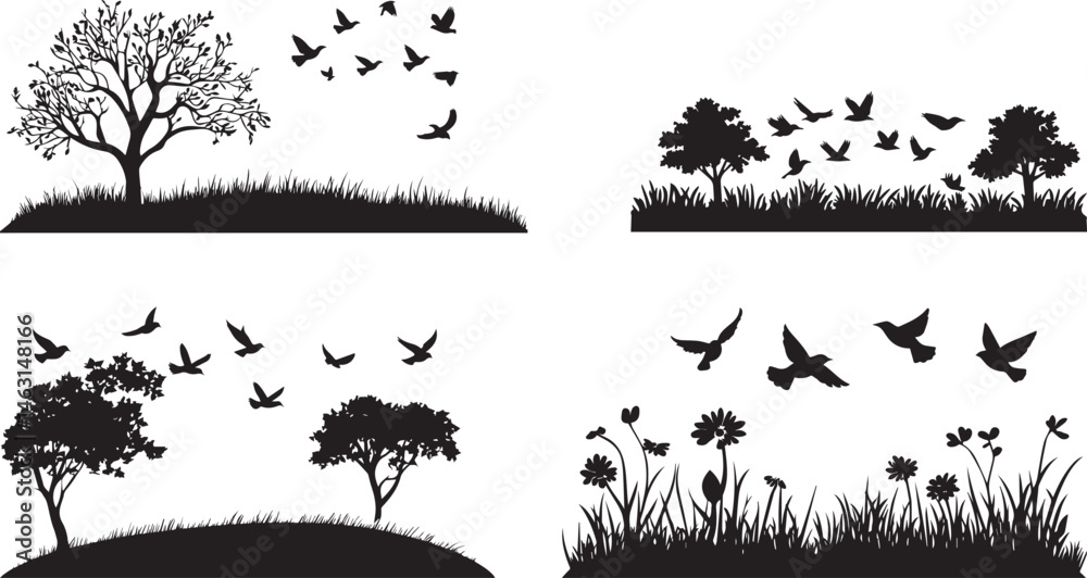 Εκτύπωση καμβά Silhouette Collection of Birds Flying Over Trees and Fields Nature and Wildlife
