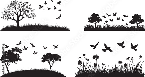 Konstfotografi Silhouette Collection of Birds Flying Over Trees and Fields Nature and Wildlife