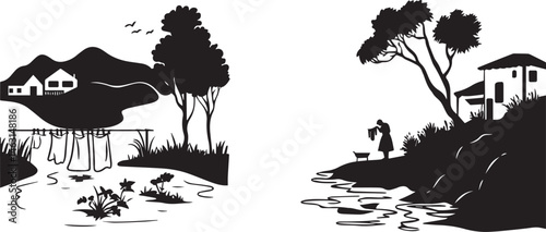 Silhouette of Rural Village Landscape with River Trees and Houses Countryside Life Illustration
