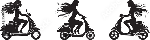 Silhouette of Women Riding Scooters with Flowing Hair Urban Freedom and Motion Concept
