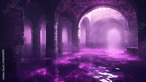 Mysterious purple pool with arches and fog creates fantasy ambiance.  Architectural Dreams    Ambient Arches   luminous vaults. Illustration