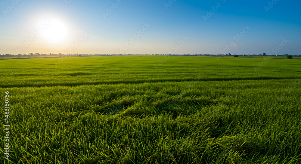 Fototapeta premium Lush Greenery: Tranquil Rice Field Under Clear Blue Sky At Sunrise