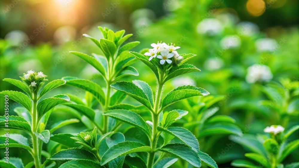 Obraz premium Detailed image of a Stevia plant growing in a lush green herb garden with vibrant flowers and foliage around it, botanical garden, botanicals
