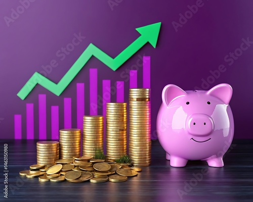 Piggy bank symbolizing savings and financial growth with coins and a rising green arrow indicating positive returns and an 180 investment strategy.
