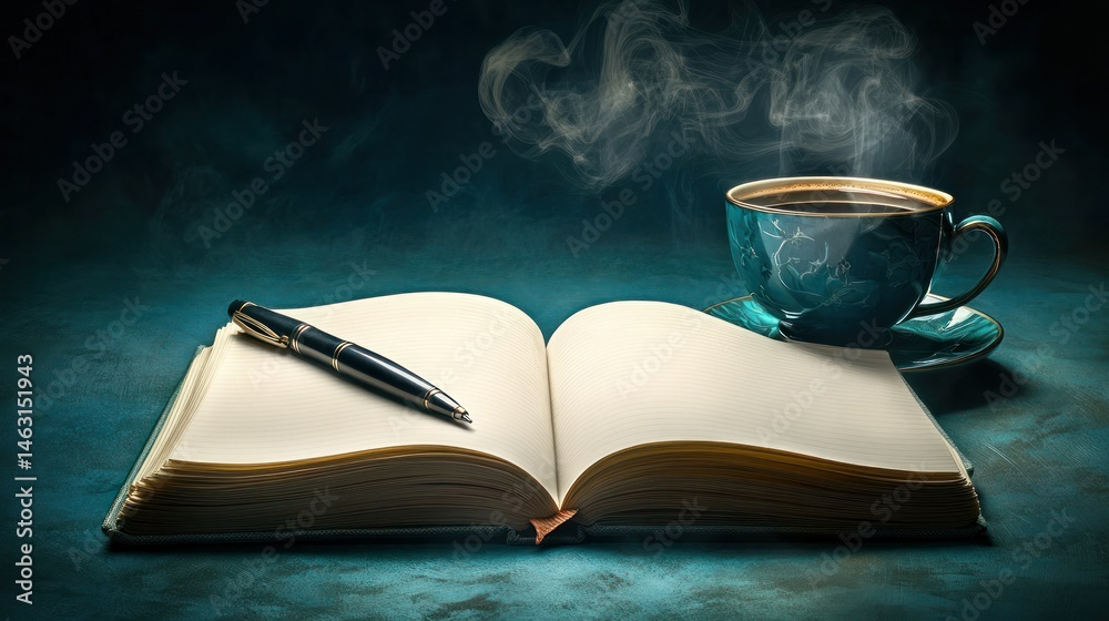 Naklejka premium Open blank notebook with a black pen and steaming cup of coffee on a dark textured surface for note-taking or journaling in a cozy workspace setting