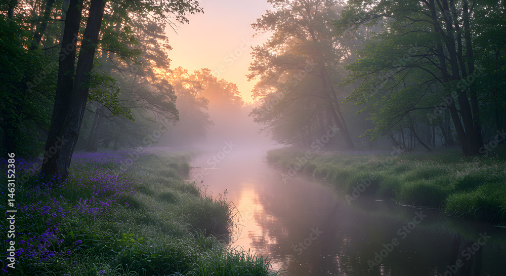 Obraz premium Enchanting Sunrise Over Misty Forest Stream With Wildflowers In Spring