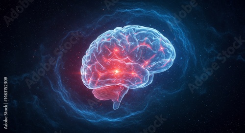 Glowing Blue and Red Brain with Neural Energy Streams on Dark Background