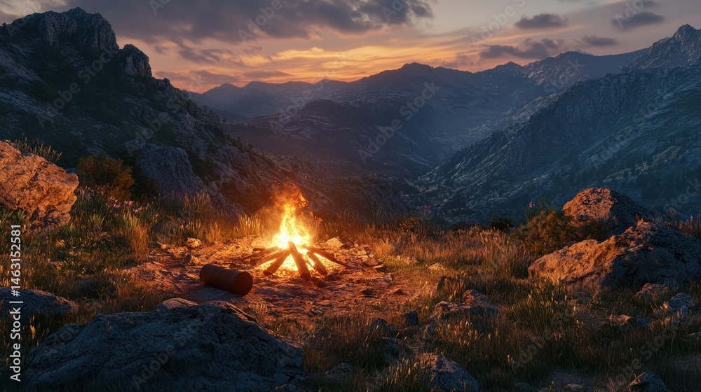 Naklejka premium Scenic mountain landscape du sunset with a campfire in the foreground, rugged terrain, tall peaks, vibrant sky, and tranquil wilderness environment