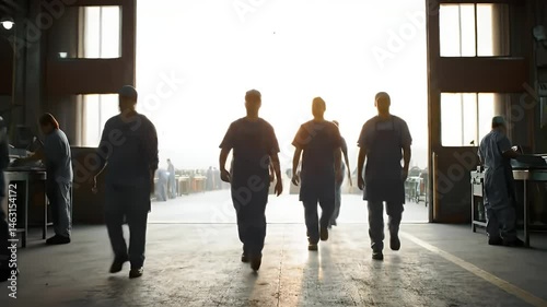 Workers Walking Inside Large Industrial Building at Sunset