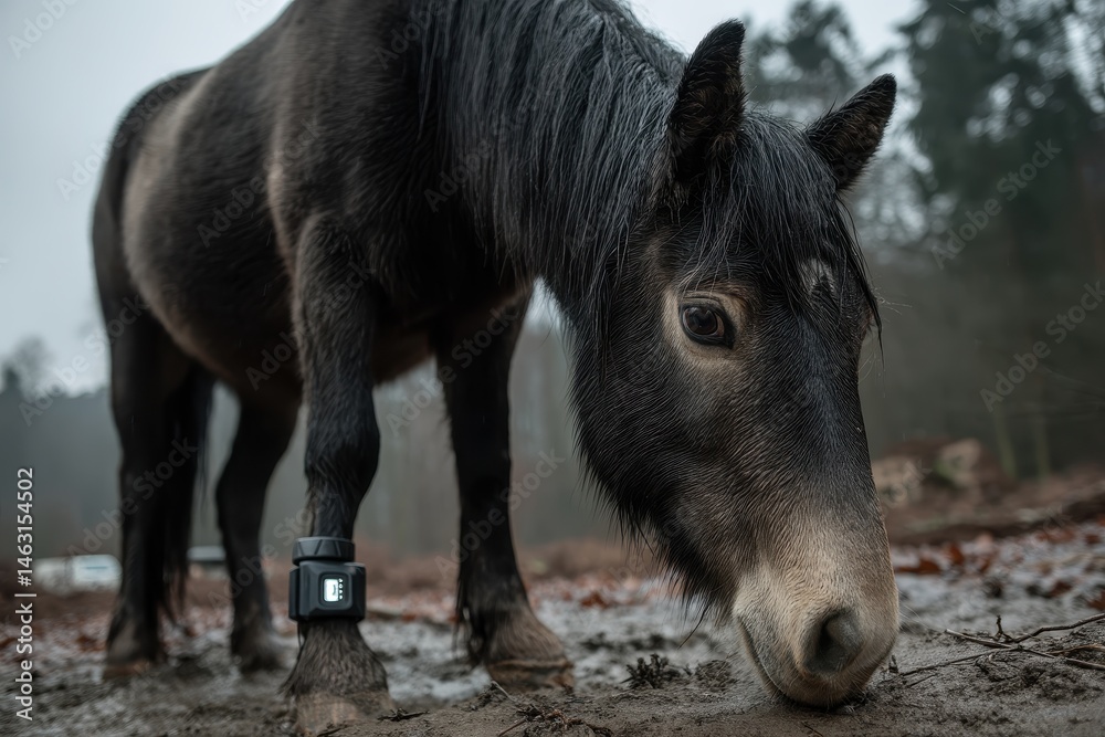 Fototapeta premium Smart Technology for Planting Rows in Wide Farmland with Horses in the Background