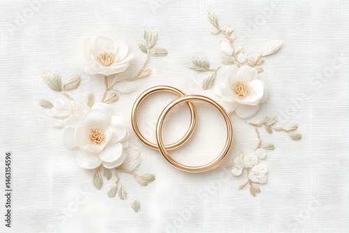 Eternal Bond: Two elegant golden wedding rings, delicately placed amidst an intricate arrangement of pristine white flowers, embody the promise of eternal love and unity.