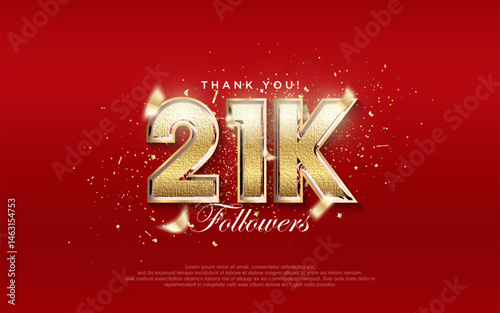 21k Followers Celebration. Number with shiny luxury gold color.