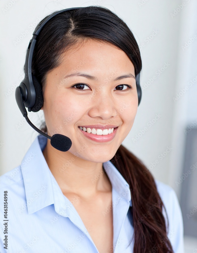 A vibrant and professional customer care representative is seen smiling warmly while wearing a sleek headset in a modern office setting. A vibrant and professional customer care representative is seen smiling warmly while wearing a sleek headset in a modern office setting.