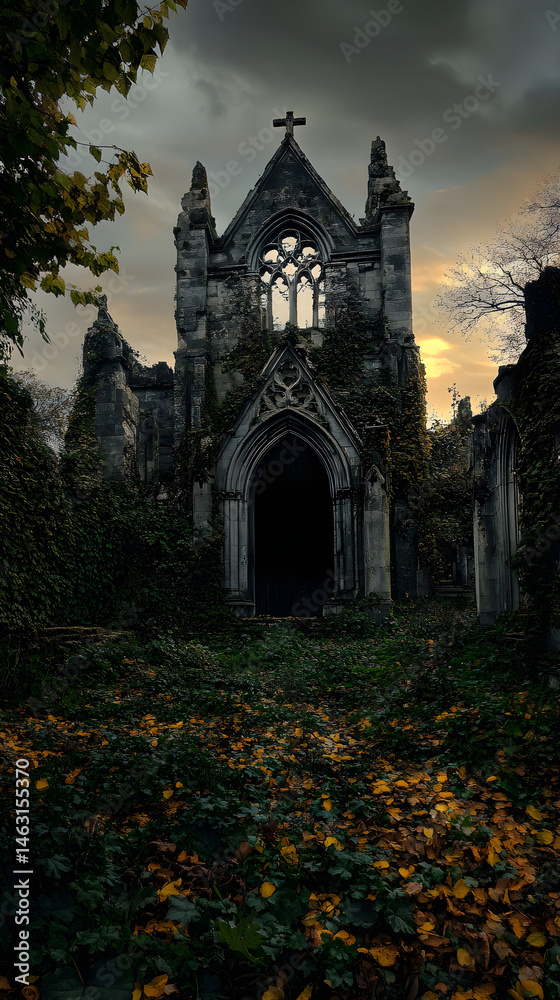 Naklejka premium Eternal Echoes of Faith: The Melancholic Beauty of a Ruined Church Entwined with Nature's Reclamation