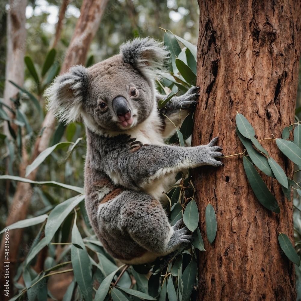 Obraz premium Koala Clinging to a Eucalyptus Tree