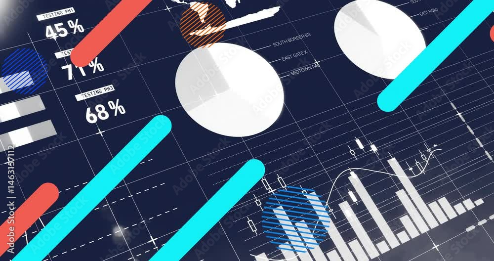 Abstract data visualization displaying large white pie chart with candlestick markers on blue grid