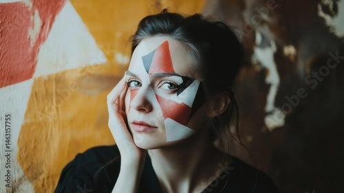 Expressive portrait of a young woman with vibrant geometric face paint design