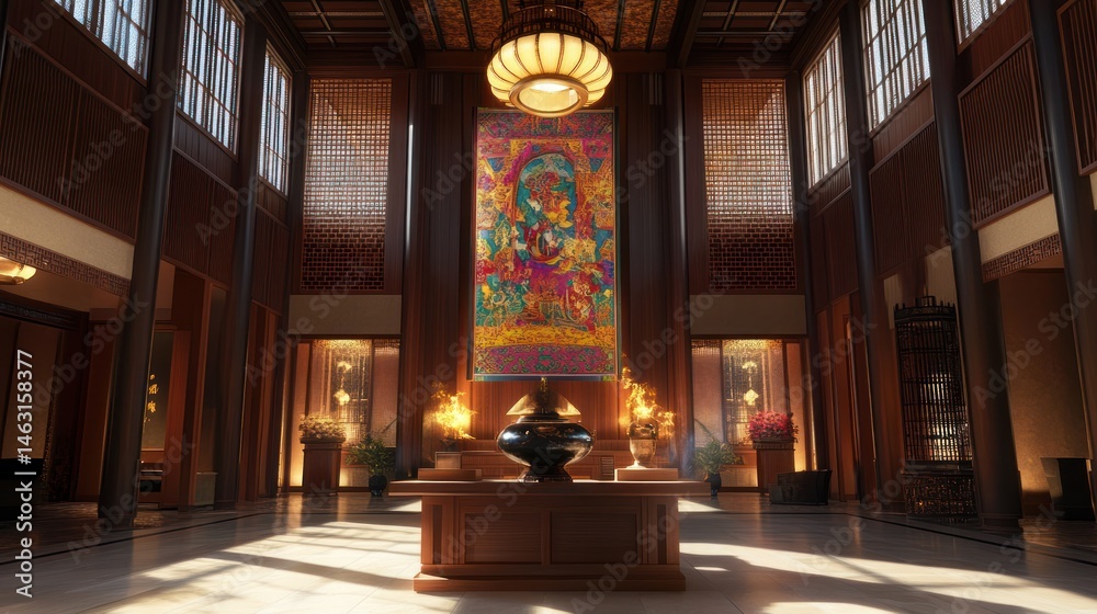 Obraz premium Grand hotel lobby, ornate tapestry, sunlight, peaceful atmosphere, interior design