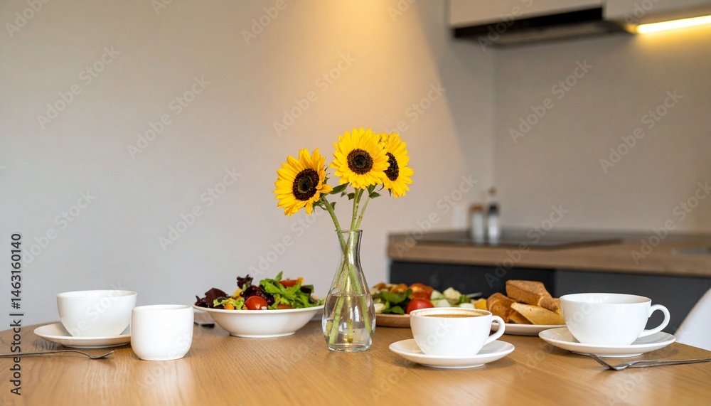 Fototapeta premium シンプルな木製テーブルに並ぶ白い食器と朝食、中央のひまわりの花瓶が温かく清潔感ある空間を引き立てる