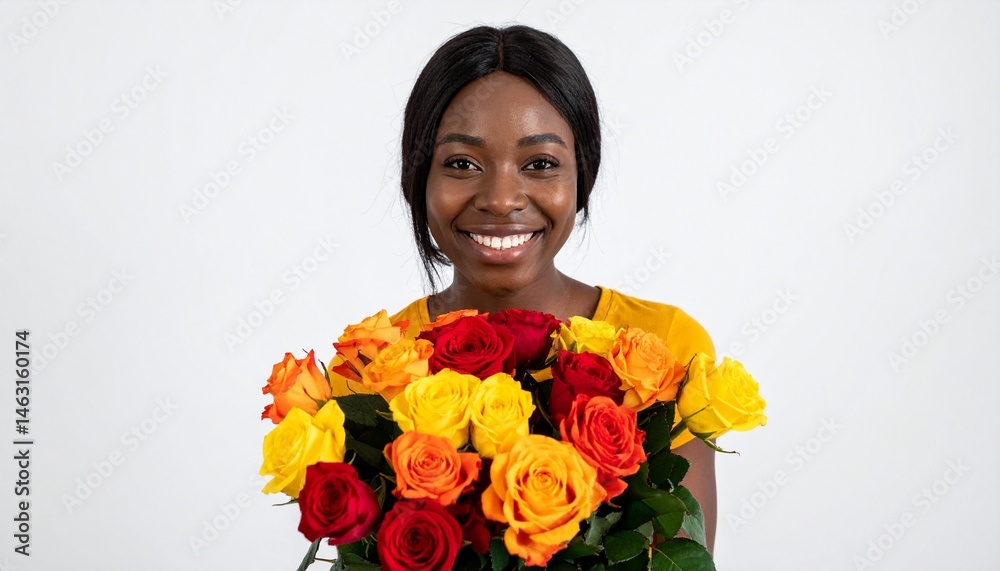 カラフルなバラの花束と黒人女性のエネルギッシュな笑顔が融合した、明るく心弾むビジュアル
カラフルなバラの花束と黒人女性のエネルギッシュな笑顔が融合した、明るく心弾むビジュアル