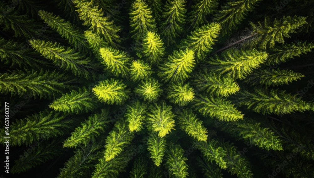 Overhead view of a dense forest, vibrant green, symmetrical. Conical shapes radiating outwards, dark background Overhead view of a dense forest, vibrant green, symmetrical. Conical shapes radiating outwards, dark background