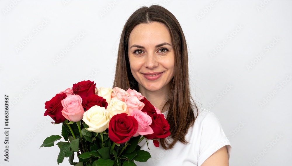 明るい目と軽やかな笑顔を見せる白人女性が、赤・ピンク・白のバラを束ねた花束を持ち、白い背景の前で幸せそうに微笑む
明るい目と軽やかな笑顔を見せる白人女性が、赤・ピンク・白のバラを束ねた花束を持ち、白い背景の前で幸せそうに微笑む