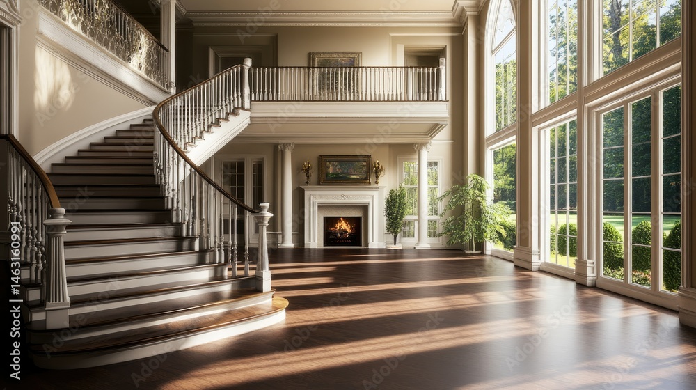 Obraz premium Grand Mansion Interior: Sunlit Staircase and Expansive Windows