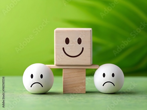 Wooden blocks showcasing balanced emotions with a happy face on top and sad faces positioned below on a 180 degrees scale.
