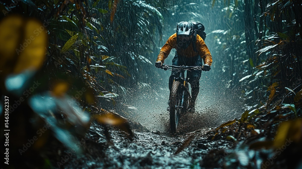 Fototapeta premium Rainy jungle mountain biking