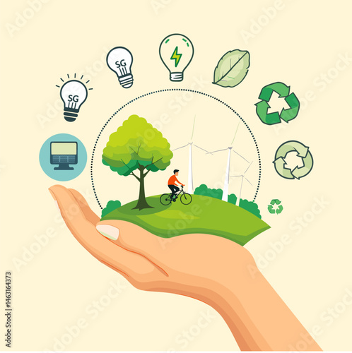 A hand holding a small green landscape with a tree and various eco-friendly icons around it, representing environmental sustainability.