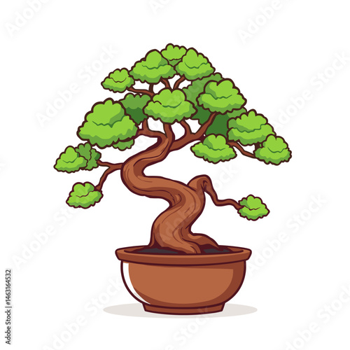 A detailed cartoon illustration of a bonsai tree in a brown pot.