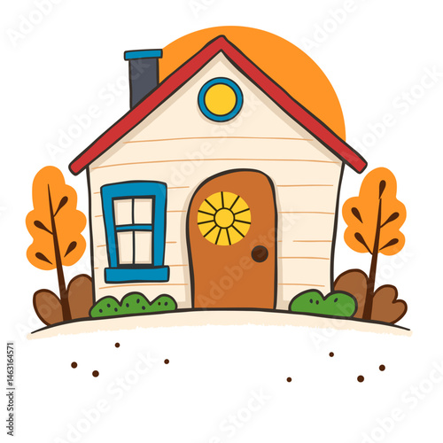A charming illustration of a small house with autumn leaves on the trees and a warm color scheme.