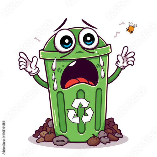 A green recycling bin cartoon character with a terrified expression, surrounded by flies and emitting a bad smell.