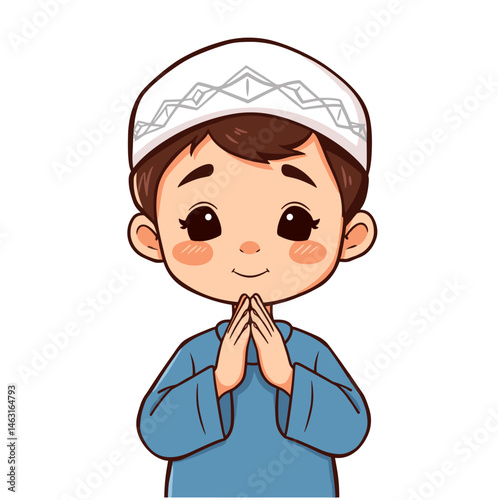 A sweet cartoon illustration of a young Muslim boy wearing a skullcap and praying with hands clasped in front of him.