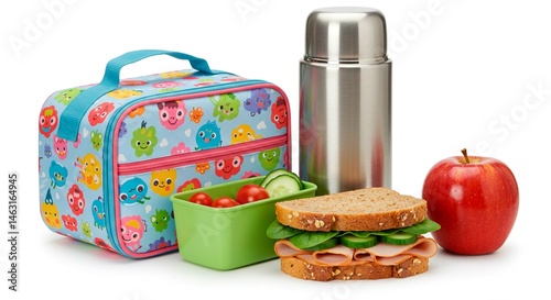 Still life of packed lunch with patterned bag thermos sandwich apple and container on white background