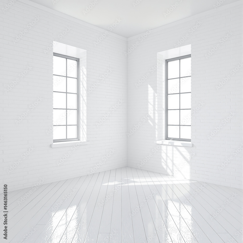 Fototapeta premium Two windows illuminate a bright white corner room with wooden flooring.