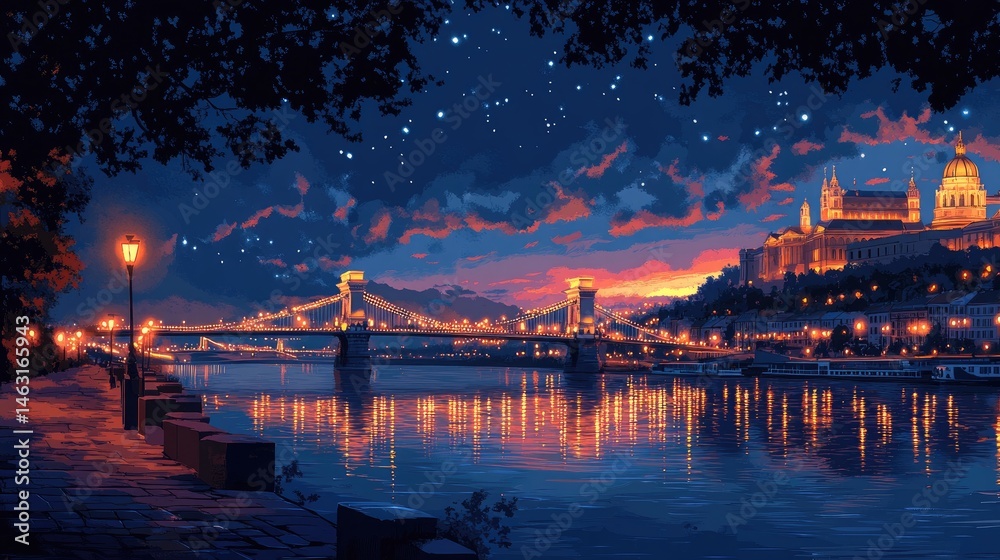 Obraz premium Evening cityscape by the river, starry sky