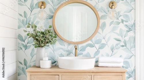 Light Blue Botanical Wallpaper Bathroom Vanity