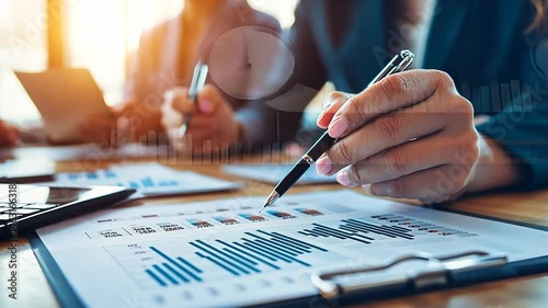 Office worker reviewing charts, meeting blurred background, business analysis
