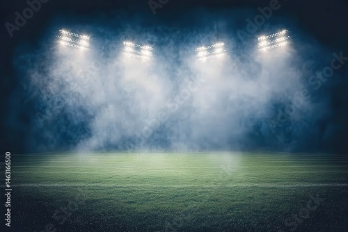 Empty stadium at night, lit by spotlights, with smoky atmosphere.  Green field, dark background