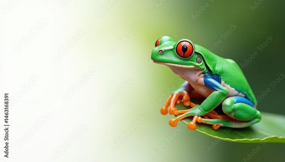 Obraz premium Green tree frog perched on white, vibrant colors, leaf, tree frog