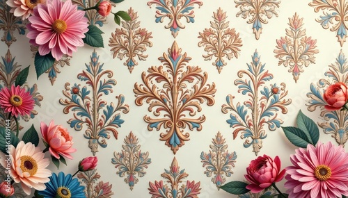 Intricate floral damask wallpaper in muted tones, gold, home decor, leaf