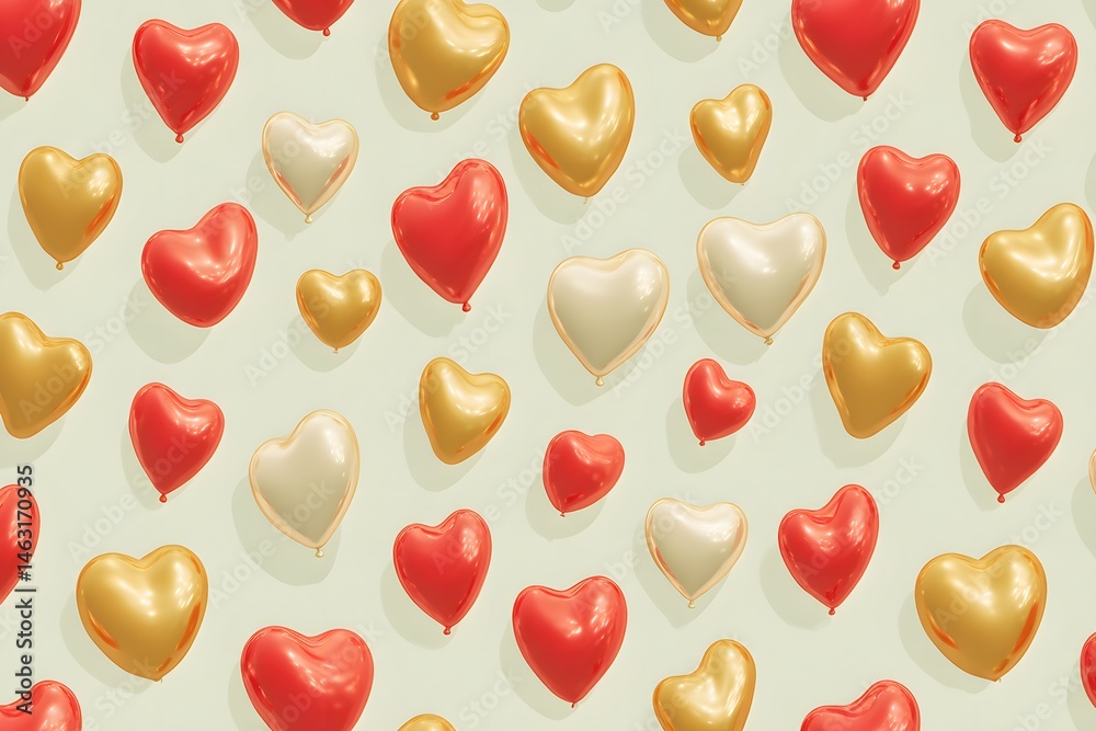 Obraz premium Heart Balloons Pattern: A delightful pattern of red and gold heart-shaped balloons on a soft background, perfect for Valentine's Day or any romantic occasion.