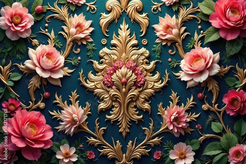 Opulent floral damask, rich blooms and ornate details , scroll, silver